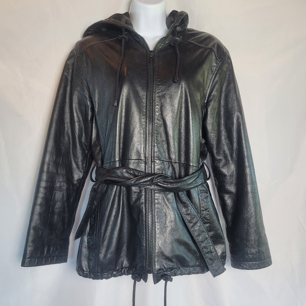 Wilson's 90's Y2K Black Leather Hooded Belted Coat Women's Size Small